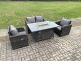 Fimous Rattan Outdoor Garden Furniture Sofa Set Gas Fire Pit Dining Table Gas Heater with Love Sofa 2 Recling Chair Dark Grey Mixed