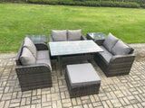 Fimous 7 Seater Outdoor Rattan Garden Furniture Set with Patio Rectangular Dining Table Love Sofa 2 Side Tables Big Footstool Dark Grey Mixed