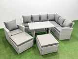 Fimous 9 Seater Garden Outdoor Rattan Furniture Set Rattan Corner Sofa Oblong Dining Table with Armchair 2 Big Footstools Light Grey Mixed