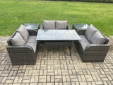Fimous 6 Seater Outdoor Rattan Garden Furniture Set with Patio Love Sofa Rectangular Dining Table 2 Side Tables Dark Grey Mixed