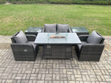 Fimous Rattan Outdoor Garden Furniture Set Gas Fire Pit Dining Table with 2 Side Tables Chair Love seat Sofa