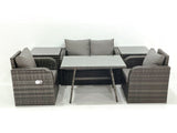 Fimous Outdoor Garden Furniture Set Rattan Sofa Dining Table Set with Reclining Chair 2 Side Tables Dark Grey Mixed