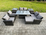 Fimous Rattan Garden Furniture Sets Patio Outdoor Rising Lifting Table Sofa Set with Double Seat Sofa 2 Side Tables Big Footstool Dark Grey Mixed