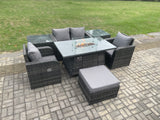 Fimous Rattan Garden Furniture Set Outdoor Patio Gas Fire Pit Dining Table and Chairs with 2 Side Tables Love seat Sofa Footstool