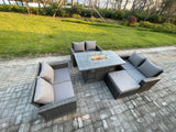 Fimous Outdoor Garden Dining Sets 7 Seater Rattan Patio Furniture Sofa Set with Gas Firepit Table Double Seat Sofa Big Footstool Dark Grey Mixed