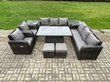 Fimous Rattan Outdoor Garden Furniture Sets Height Adjustable Rising lifting Dining Table Reclining Chair Sofa Set with 2 Side Tables 2 Small Footstools Dark Grey Mixed