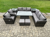 Fimous Rattan Outdoor Garden Furniture Sets Height Adjustable Rising lifting Dining Table Reclining Chair Sofa Set with 2 Side Tables 2 Small Footstools Dark Grey Mixed