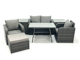 Fimous Outdoor Garden Furniture Set Rattan Sofa Dining Table Set with Reclining Chair 2 Side Tables Big Footstool Dark Grey Mixed