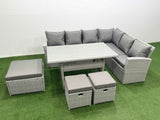 Fimous Rattan Garden Furniture Set Outdoor 9 Seater Patio Dining Corner Sofa Sets with Dining Table 3 Footstools Light Grey Mixed