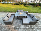 Fimous Outdoor Garden Dining Sets 7 Seater Rattan Patio Furniture Sofa Set with Gas Firepit Table Double Seat Sofa Big Footstool Side Table Dark Grey Mixed