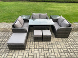 Fimous 9 Pieces Outdoor Rattan Garden Furniture Set with Patio Rectangular Dining Table Love Sofa 2 Side Tables 3 Footstools Dark Grey Mixed