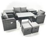 Fimous Outdoor Garden Furniture Set Rattan Sofa Dining Table Set with Reclining Chair 2 Small Footstool 2 Side Table Dark Grey Mixed
