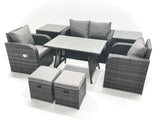 Fimous Outdoor Garden Furniture Set Rattan Sofa Dining Table Set with Reclining Chair 2 Small Footstool 2 Side Table Dark Grey Mixed