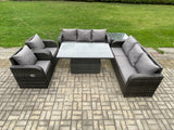 Fimous PE Rattan Outdoor Garden Furniture Sets Height Adjustable Rising lifting DiningTable Sofa Set with Reclining Chair Side Table Dark Grey Mixed