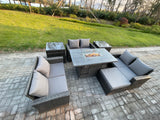 Fimous High Back Rattan Garden Furniture Sofa Sets with Outdoor Furniture Gas Firepit Dining Table Set 2 Side Tables Big Footstool Dark Grey Mixed