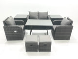 Fimous Outdoor Garden Furniture Set Rattan Sofa Dining Table Set with Reclining Chair 2 Small Footstool 2 Side Table Dark Grey Mixed