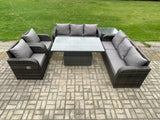 Fimous PE Rattan Outdoor Garden Furniture Sets Height Adjustable Rising lifting DiningTable Sofa Set with Reclining Chair Side Table Dark Grey Mixed