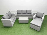 Fimous Patio PE Wicker 7 Seater Outdoor Rattan Furniture Sofa Sets with Rectangular Coffee Table Reclining Chair Loveseat Sofa 3 Seater Sofa Big Footstool 2 Side Table Light Grey