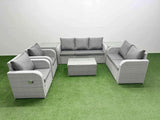 Fimous PE Rattan Garden Furniture Set Adjustable Chair Sofa Double Love Seat 2 Seater Sofa Lounge Set Oblong Coffee Table 2 Side Table Light Grey