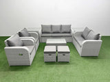 Fimous PE Rattan Garden Furniture Set Adjustable Chair Sofa Double Love Seat 2 Seater Sofa Lounge Set Oblong Coffee Table 2 Stools 2 Side Table Light Grey