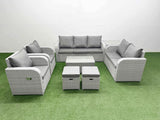 Fimous PE Rattan Garden Furniture Set Adjustable Chair Sofa Double Love Seat 2 Seater Sofa Lounge Set Oblong Coffee Table 2 Stools Side Table Light Grey