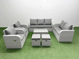 Fimous PE Rattan Garden Furniture Set Adjustable Chair Sofa Double Love Seat 2 Seater Sofa Lounge Set Oblong Coffee Table 2 Stools Light Grey
