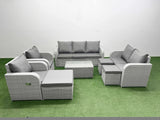 Fimous PE Rattan Garden Furniture Set Adjustable Chair Sofa Double Love Seat 2 Seater Sofa Lounge Set Oblong Coffee Table 3 Stools Light Grey