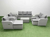 Fimous PE Rattan Garden Furniture Set Adjustable Chair Sofa Double Love Seat 2 Seater Sofa Lounge Set Oblong Coffee Table 3 Stools Side Table Light Grey