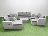 Fimous PE Rattan Garden Furniture Set Adjustable Chair Sofa Double Love Seat 2 Seater Sofa Lounge Set Oblong Coffee Table 3 Stools 2 Side Table Light Grey