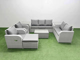 Fimous PE Rattan Garden Furniture Set Adjustable Chair Sofa Double Love Seat 2 Seater Sofa Lounge Set Oblong Coffee Table Big Footstool 2 Side Table Light Grey