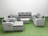 Fimous PE Rattan Garden Furniture Set Adjustable Chair Sofa Double Love Seat 2 Seater Sofa Lounge Set Oblong Coffee Table Big Footstool Side Table Light Grey