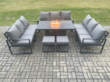 Fimous Aluminium 11 Seater Garden Furniture Outdoor Set Patio Lounge Sofa Gas Fire Pit Dining Table Set with 2 Small Footstools Dark Grey