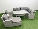 Fimous Rattan Garden Furniture Set Outdoor 9 Seater Patio Dining Corner Sofa Sets with Dining Table Chair Big Footstool Light Grey Mixed