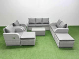Fimous PE Rattan Garden Furniture Set Adjustable Chair Sofa Double Love Seat 2 Seater Sofa Lounge Set Oblong Coffee Table 2 Big Footstool Light Grey