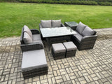 Fimous 9 Seater Outdoor Rattan Garden Furniture Set with Patio Rectangular Dining Table Love Sofa Side Table 3 Footstools Dark Grey Mixed