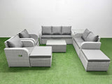 Fimous PE Rattan Garden Furniture Set Adjustable Chair Sofa Double Love Seat 2 Seater Sofa Lounge Set Oblong Coffee Table 2 Big Footstool Side Table Light Grey
