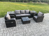 Fimous Garden Furniture Sets 5 Seater Wicker Rattan Furniture Patio Sofa Sets with Reclining Chair 3 Seater Sofa 2 Side Tables Dark Grey Mixed