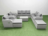 Fimous PE Rattan Garden Furniture Set Adjustable Chair Sofa Double Love Seat 2 Seater Sofa Lounge Set Oblong Coffee Table 2 Big Footstool 2 Side Table Light Grey