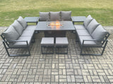 Fimous Aluminium 11 Seater Garden Furniture Outdoor Set Patio Lounge Sofa Gas Fire Pit Dining Table Set with 2 Small Footstools 2 Side Tables Dark Grey