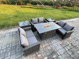 Fimous High Back Rattan Garden Furniture Sofa Sets with Outdoor Furniture Gas Firepit Dining Table Set 2 Side Tables Dark Grey Mixed