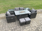 Fimous Rattan Garden Furniture Set Outdoor Patio Gas Fire Pit Dining Table and Chairs with Love seat Sofa Footstool 2 Side Tables