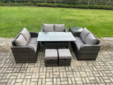 Fimous 8 Seater Outdoor Rattan Garden Furniture Set with Patio Rectangular Dining Table Love Sofa Side Table 2 Small Footstools Dark Grey Mixed