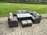 Fimous 8 Seater Outdoor Rattan Garden Furniture Set with Patio Rectangular Dining Table Love Sofa Side Table 2 Small Footstools Dark Grey Mixed