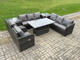 Fimous PE Rattan Outdoor Garden Furniture Sets Height Adjustable Rising lifting DiningTable Sofa Set with Reclining Chair 2 Side Tables Dark Grey Mixed