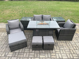 Fimous Rattan Garden Furniture Set Outdoor Patio Gas Fire Pit Dining Table and Chairs with Love seat Sofa 3 Footstools 2 Side Tables