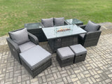 Fimous Rattan Garden Furniture Set Outdoor Patio Gas Fire Pit Dining Table and Chairs with Love seat Sofa 3 Footstools 2 Side Tables