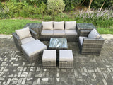Fimous Wicker Rattan Garden Furniture Sofa Set with 2 Side Tables Armchair Square Coffee Table 3 Footstools 8 Seater Outdoor Rattan Set Dark Grey Mixed
