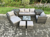 Fimous Wicker Rattan Garden Furniture Sofa Set with 2 Side Tables Armchair Square Coffee Table 3 Footstools 8 Seater Outdoor Rattan Set Dark Grey Mixed
