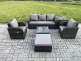 Fimous Garden Furniture Sets 6 Seater Wicker Rattan Furniture Patio Sofa Sets with Reclining Chair 3 Seater Sofa Big Footstool Side Table Dark Grey Mixed