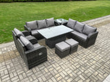 Fimous Rattan Outdoor Garden Furniture Sets Height Adjustable Rising lifting DiningTable Sofa Set with Reclining Chair Side Table 2 Small Footstools Dark Grey Mixed